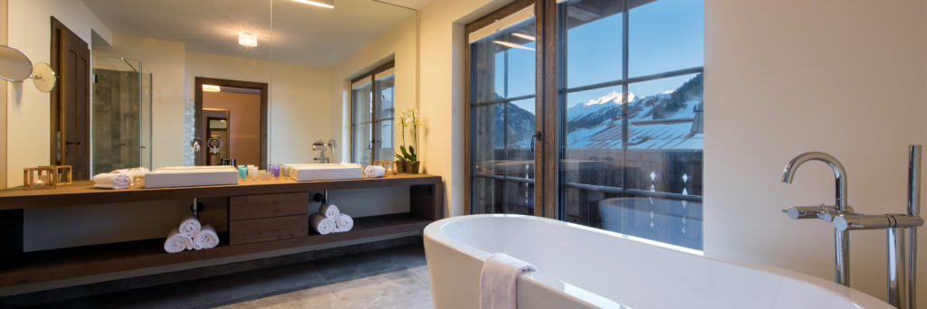 Chalet Kanzi Bathroom with view of St Anton