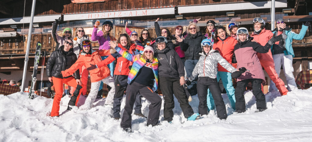 Kaluma Women Who Ski trip group outside Hospiz Alm, Austria